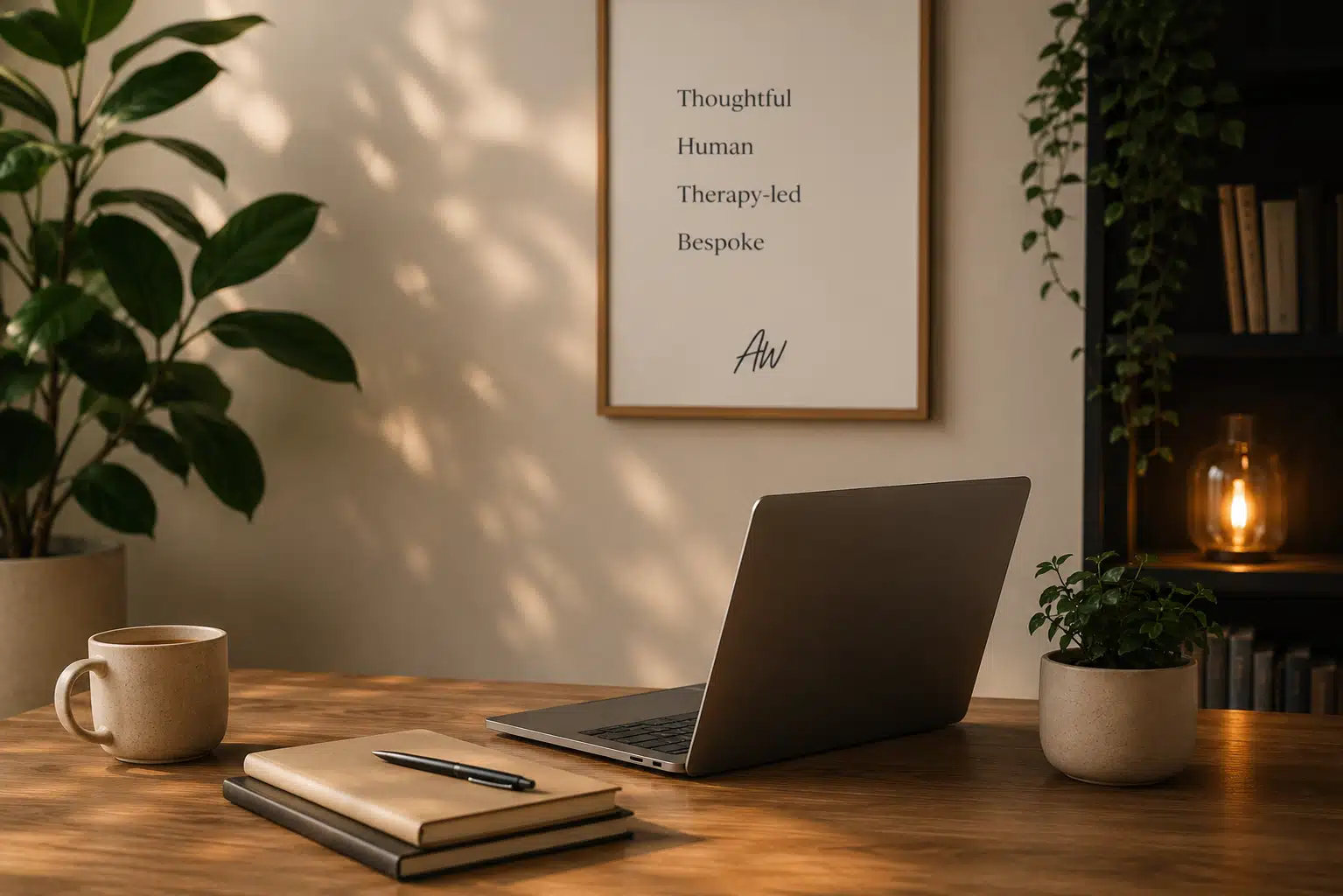 Warm workspace with notebook and calm design details