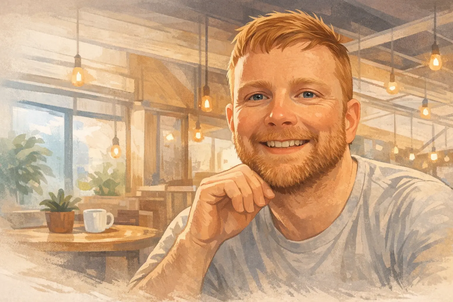 Illustrated portrait of Alex Watson in a warm, calm workspace
