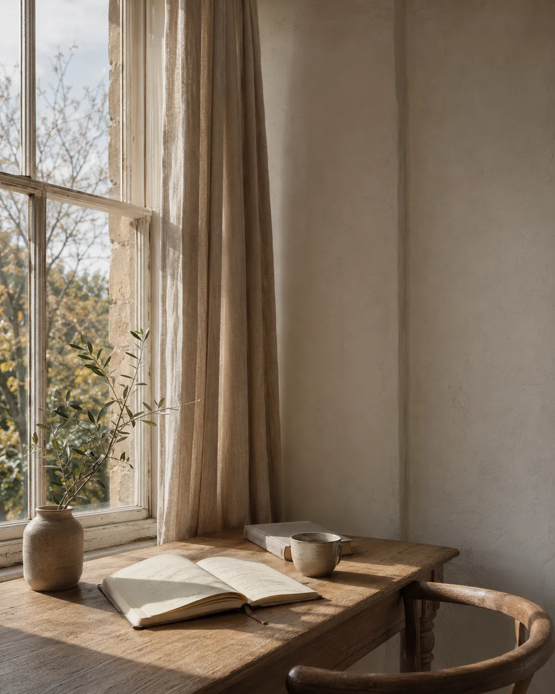 A sunlit writing desk beside a window with an open notebook, cup and olive branch