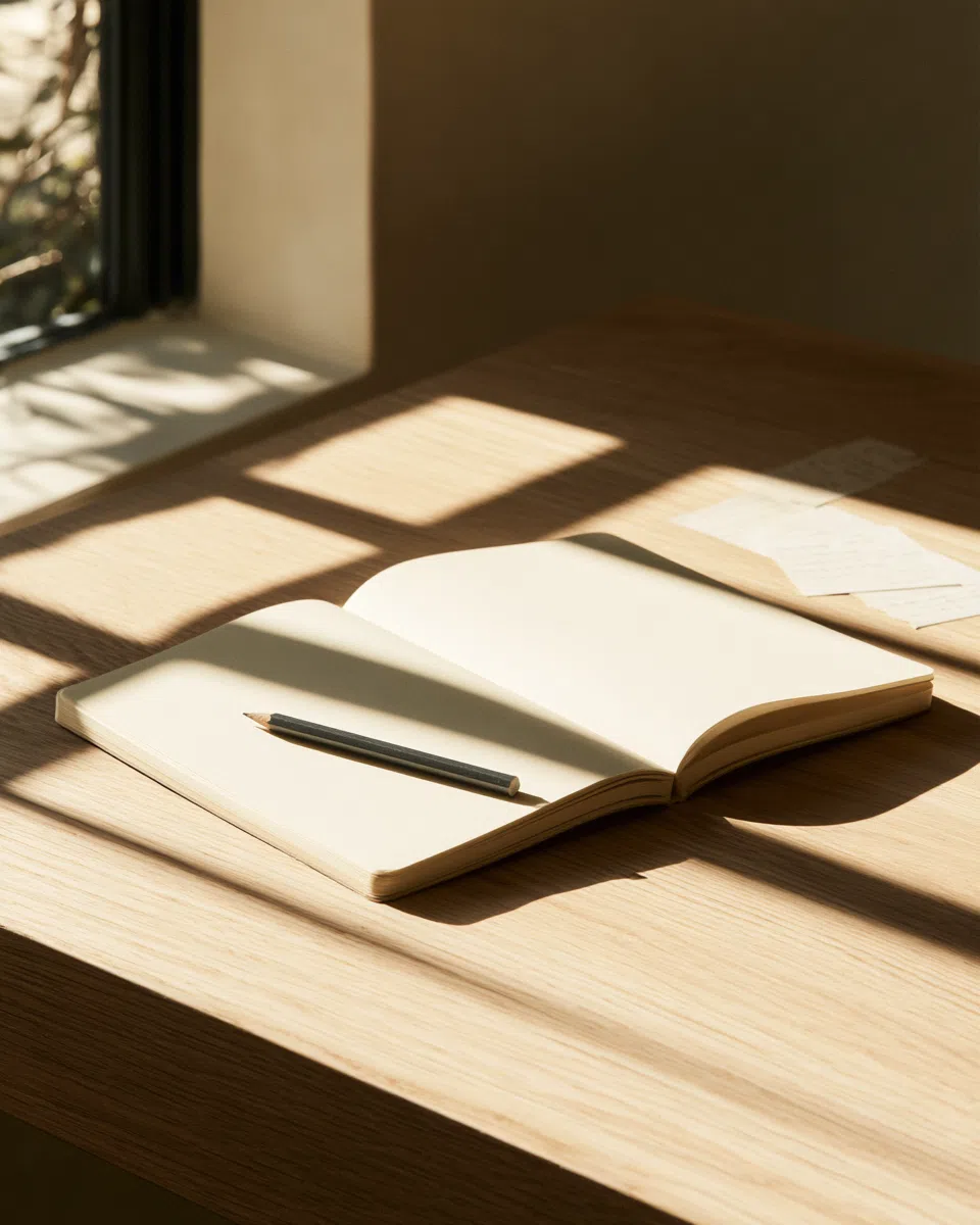 A considered desk arrangement with a notebook, pencil and warm natural light