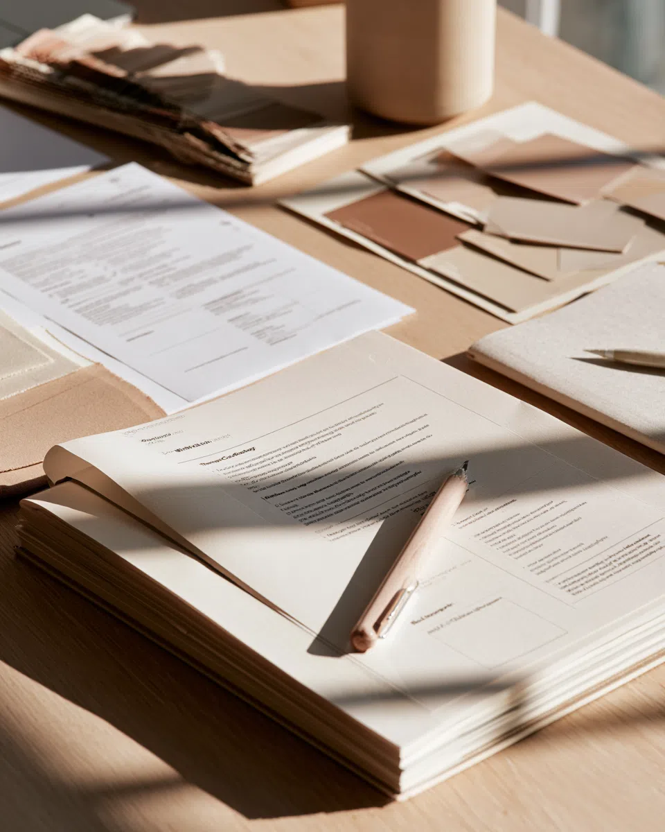 Printed Practice Clarity materials showing identity, audience, voice and website direction