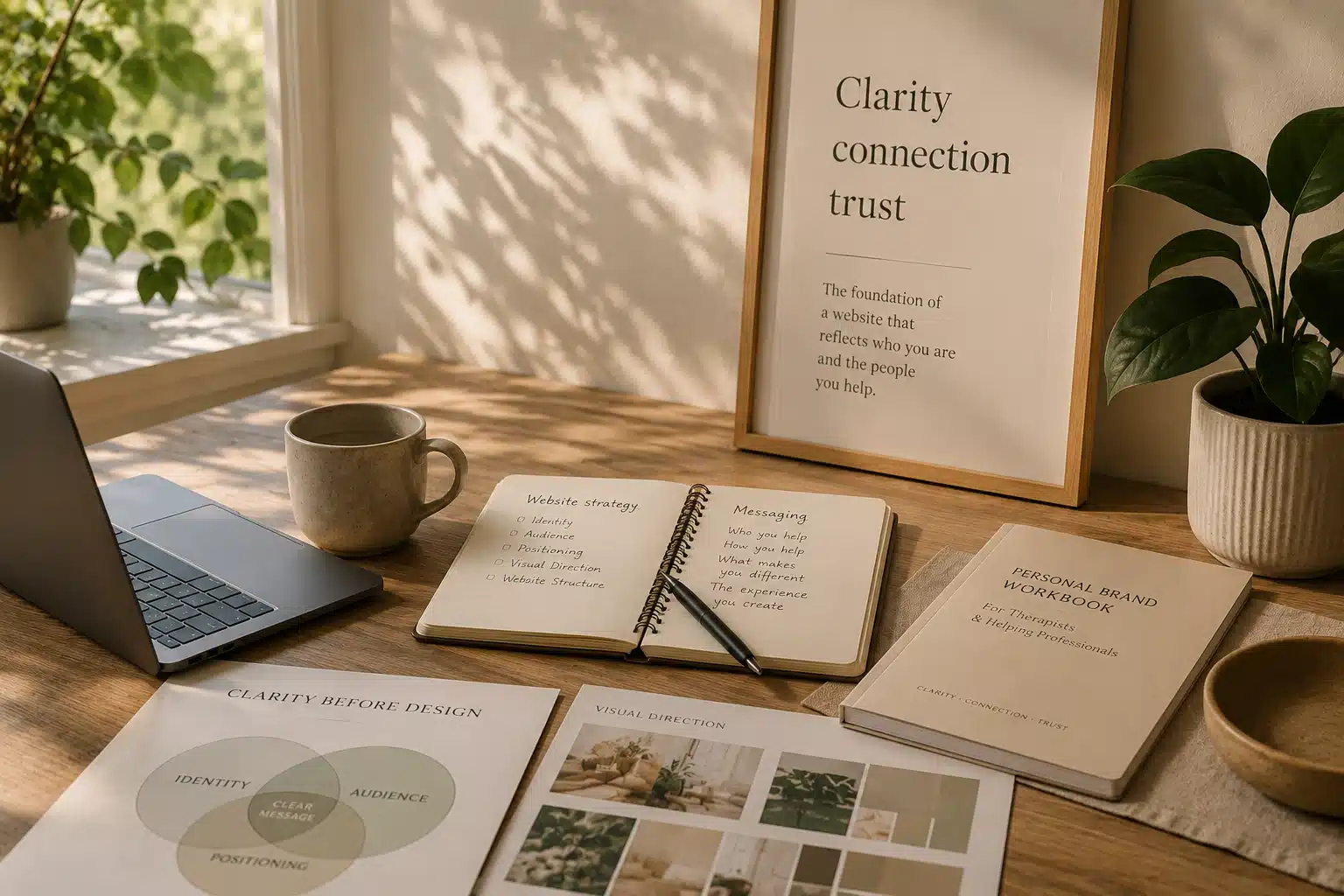 Workspace with laptop, notebook and brand planning materials