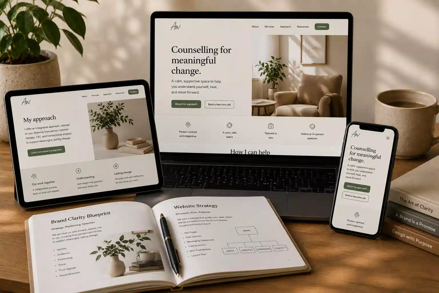 Laptop, tablet and phone showing a therapy website beside brand planning documents