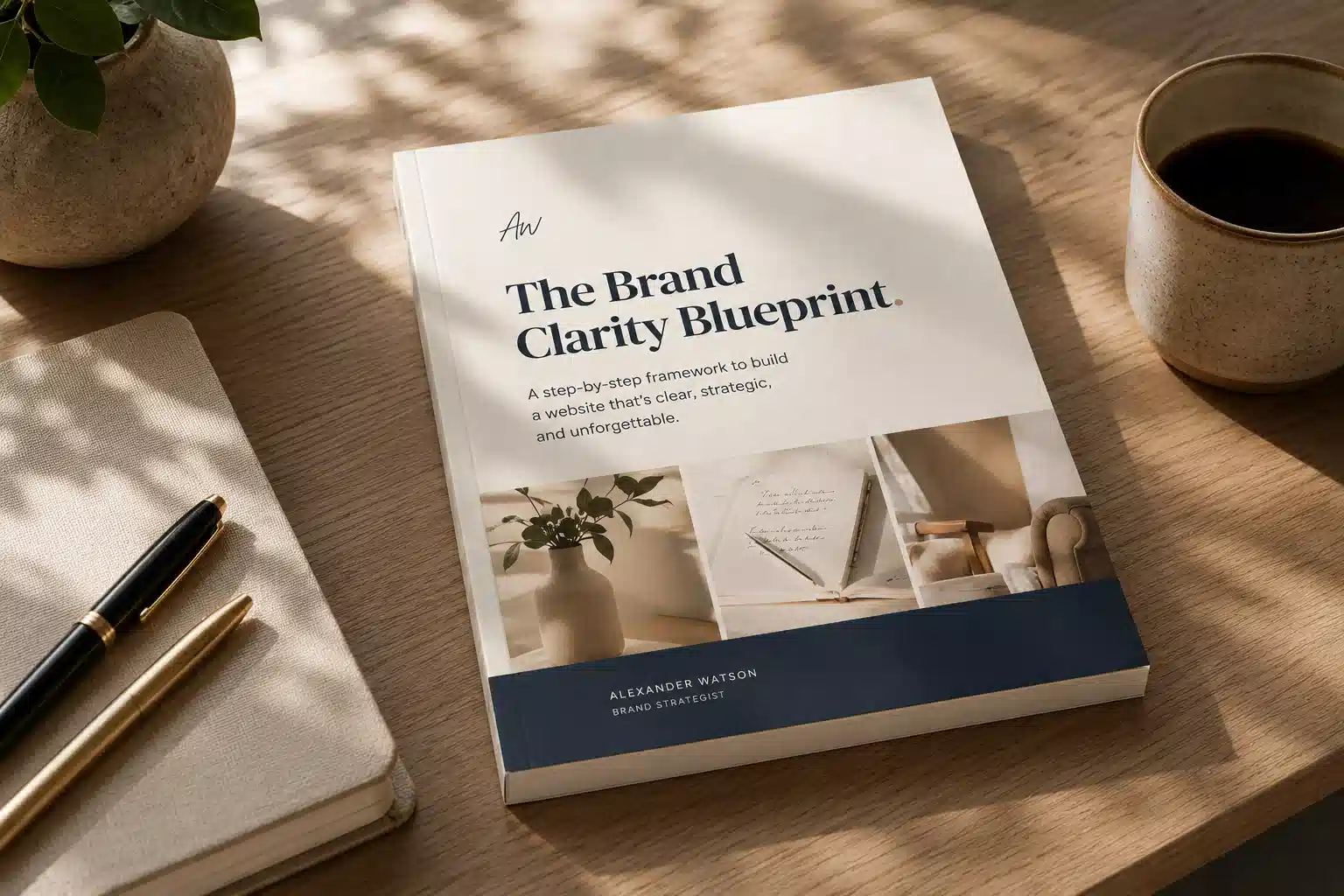 Brand clarity workbook and planning notes on a desk