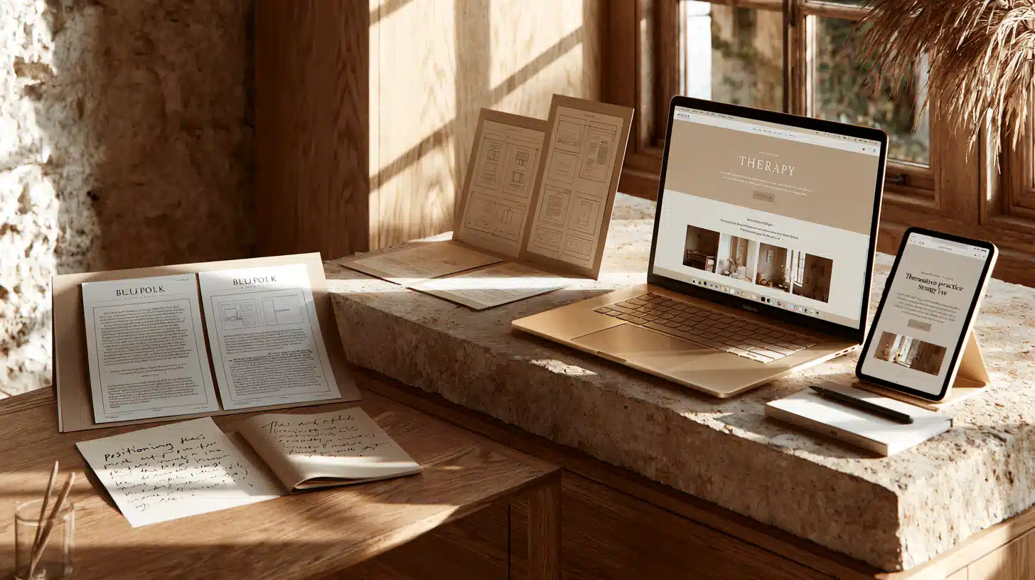 A website, printed documents and identity materials shown as one connected practice system.