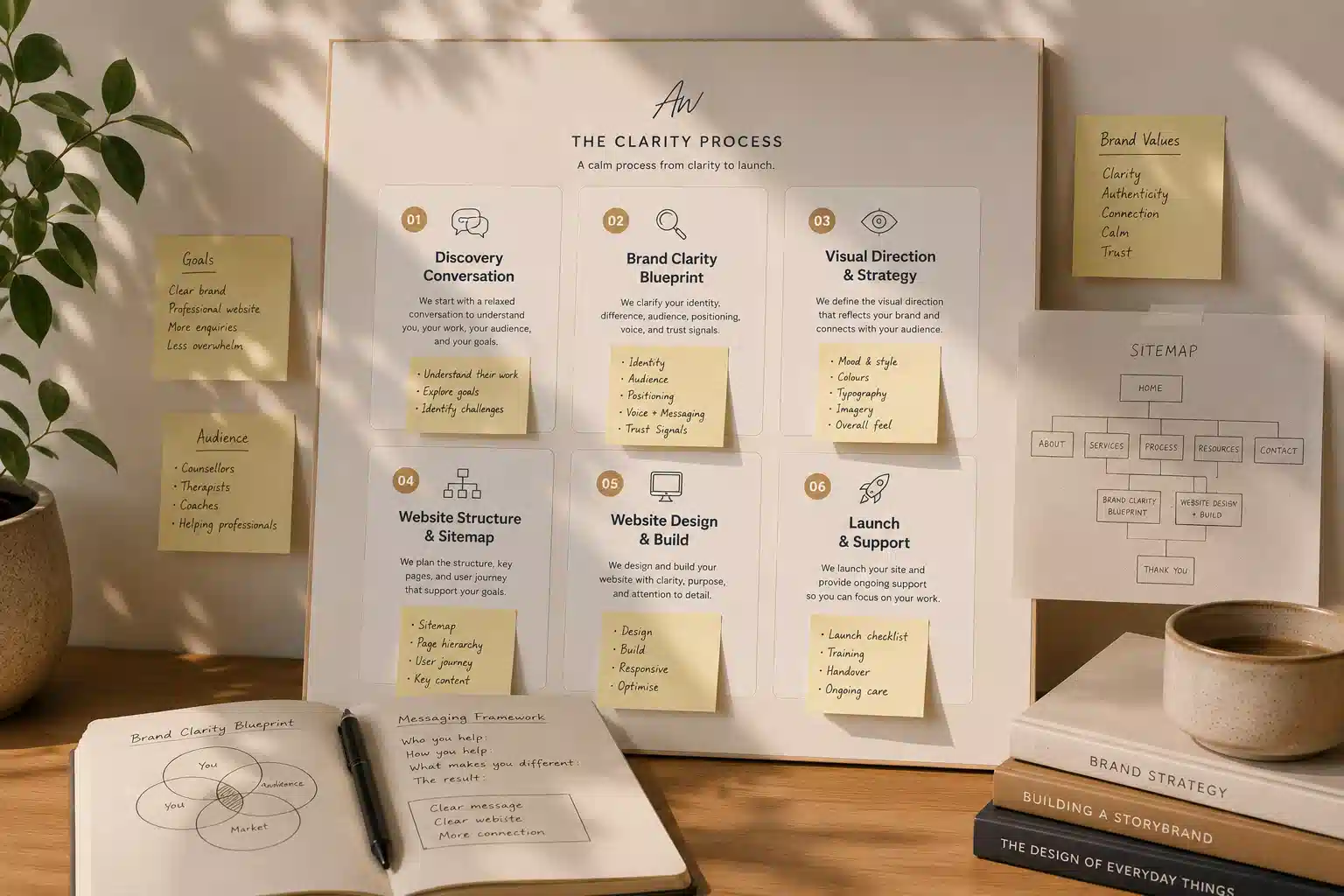 Brand and website planning board with notes and sitemap sketches