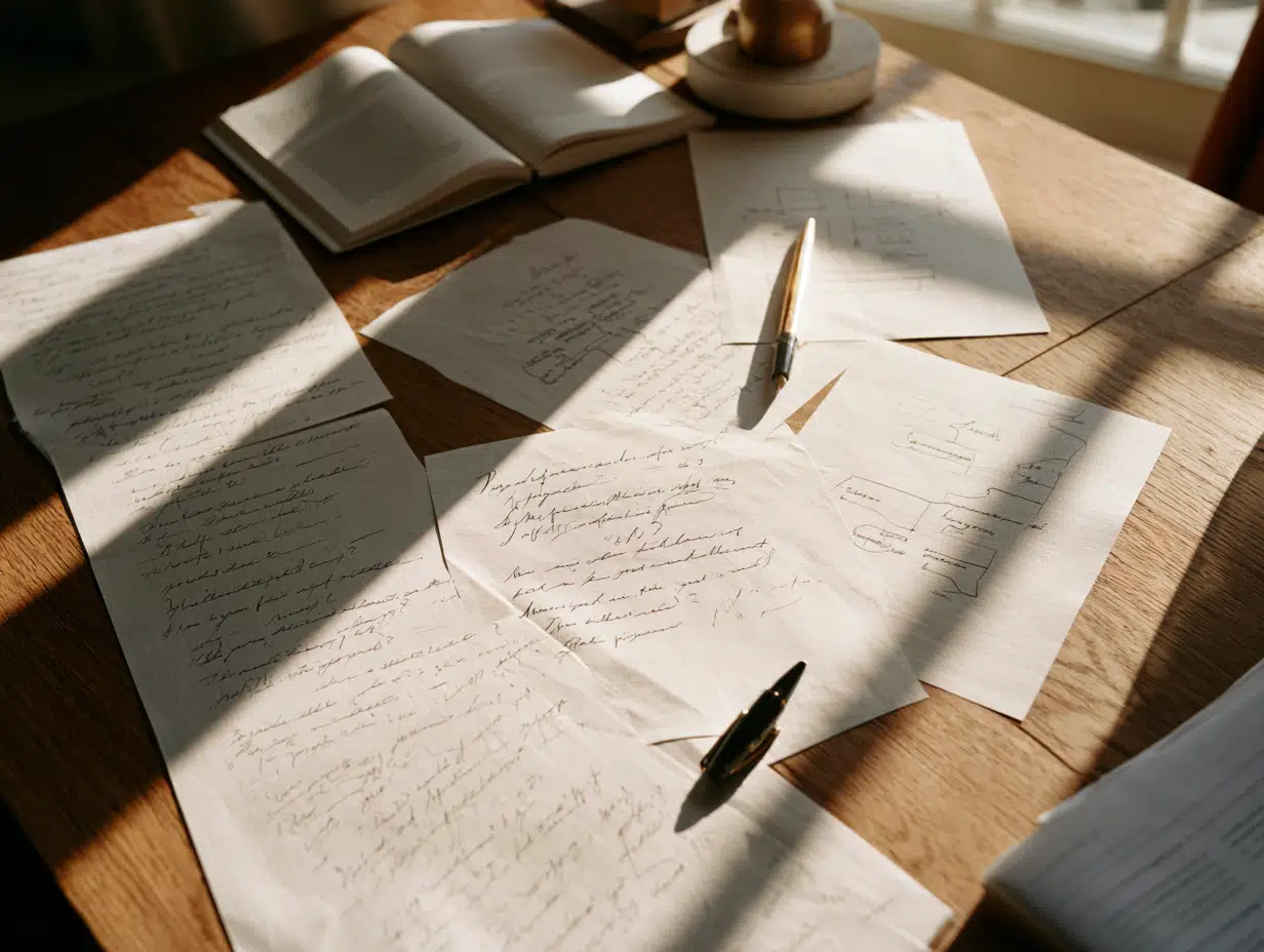 Handwritten identity notes and communication planning for a therapist's private practice