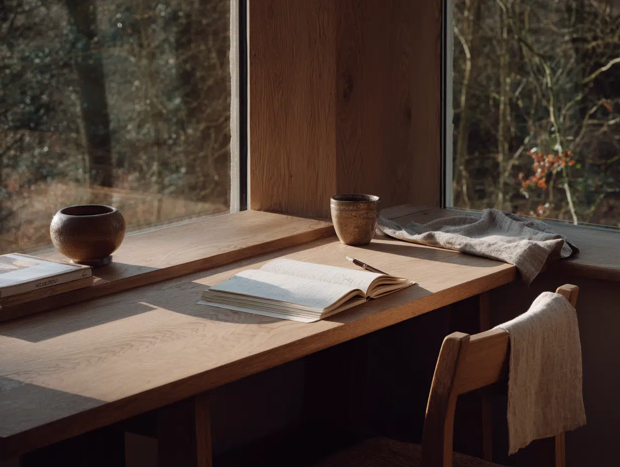 A quiet writing desk beside a window with an open notebook in soft morning light