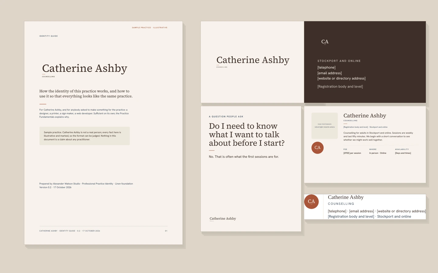 The Catherine Ashby identity: the cover of her Identity Guide, a business card in chalk and walnut with a terracotta monogram, an Instagram post, a directory profile layout and an email signature, all set in a classical serif.