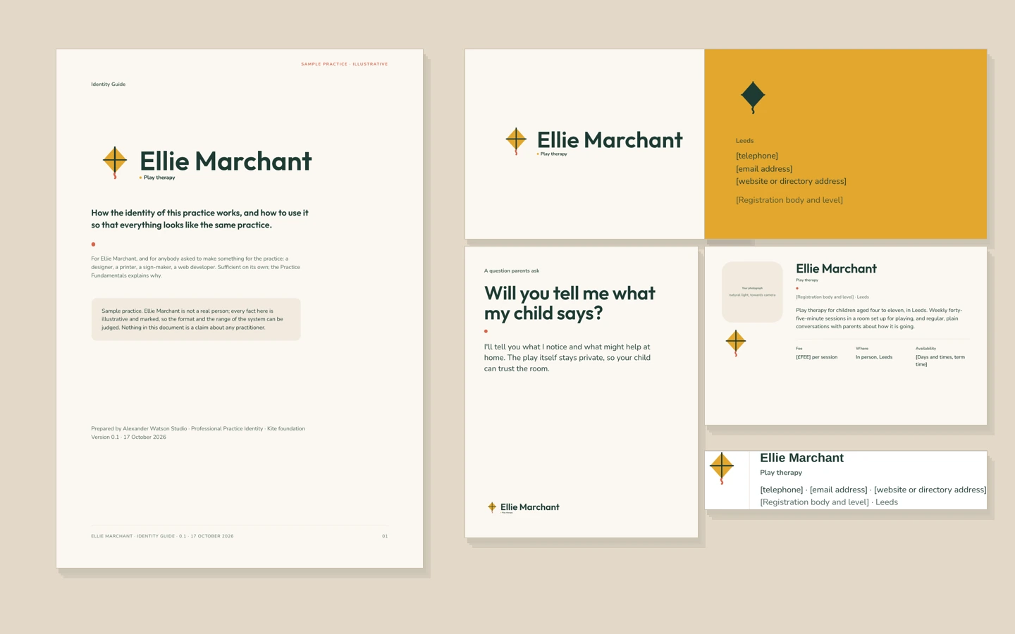 The Ellie Marchant identity: the cover of her Identity Guide with a marigold kite beside her name, a business card with a marigold back, a post on a cream ground, a directory profile layout and an email signature, all set in a geometric sans.
