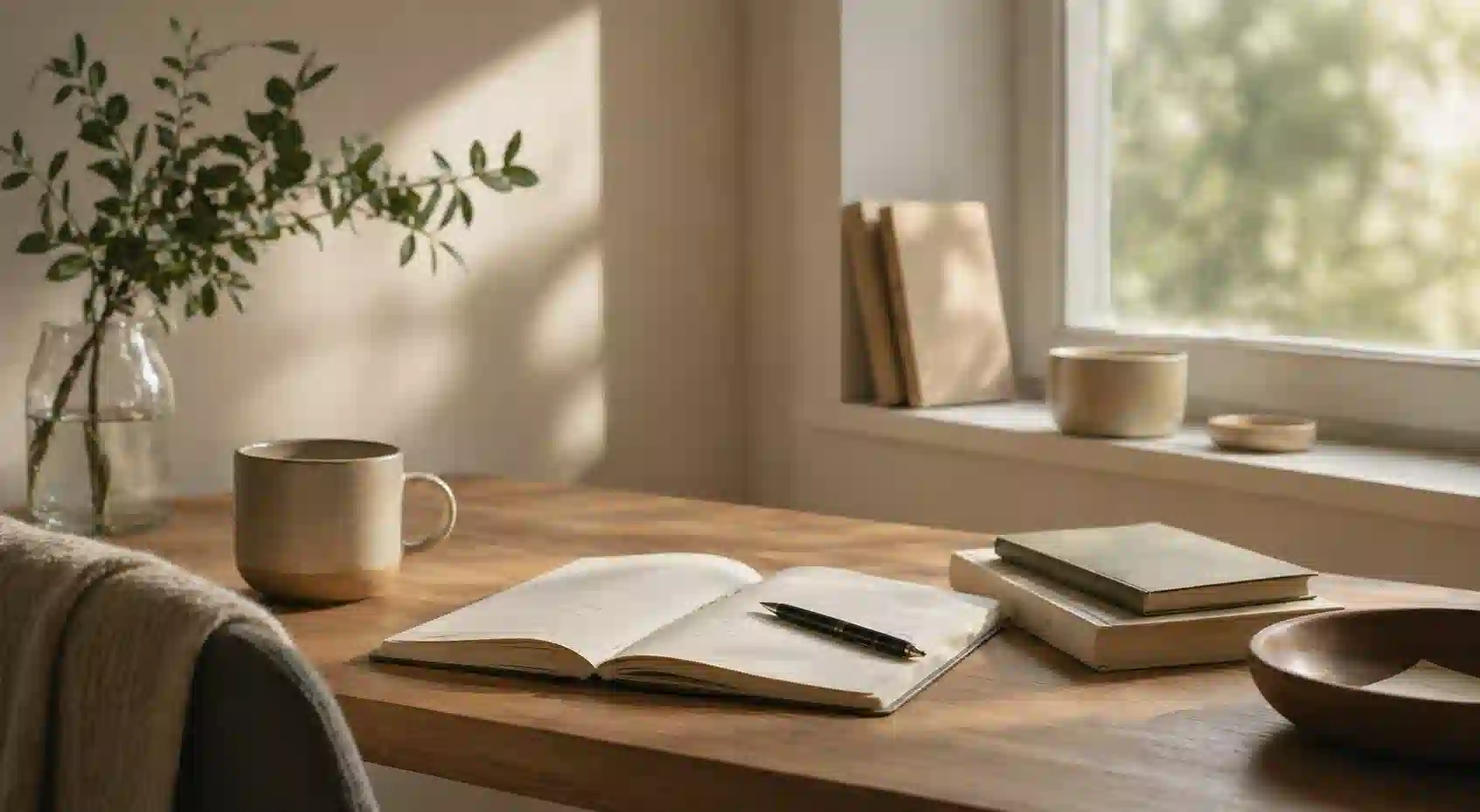 A calm, softly lit workspace representing a clear and trustworthy therapist website.