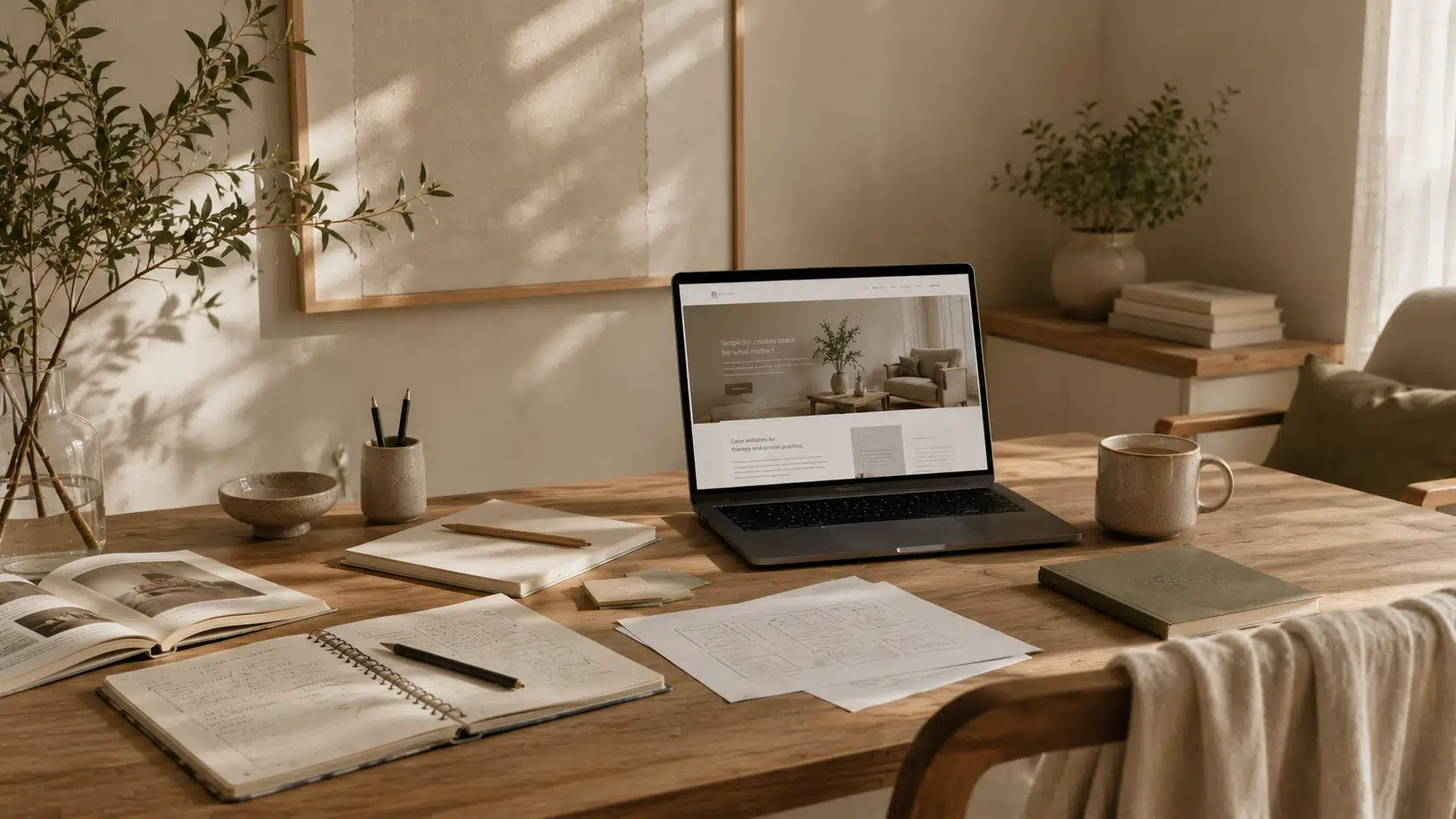 A calm arrangement of matching notebooks, paper, typography and natural materials in soft morning light.