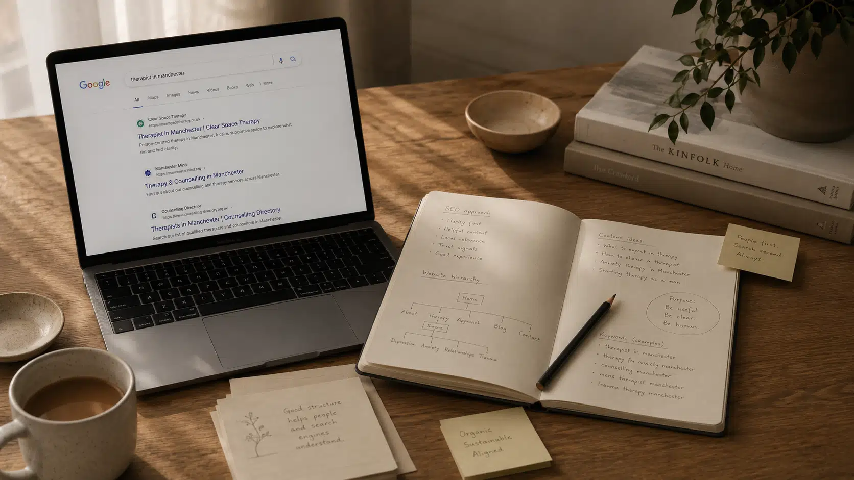 Search results and handwritten SEO planning notes