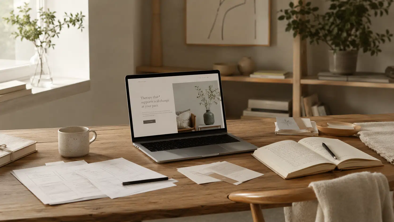Calm desk with a laptop, notes and planning materials for a therapist website