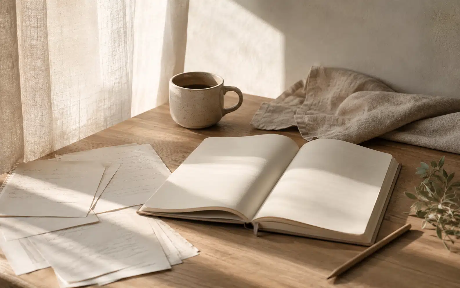 A therapist's notebook open beside coffee and handwritten notes in soft morning light.
