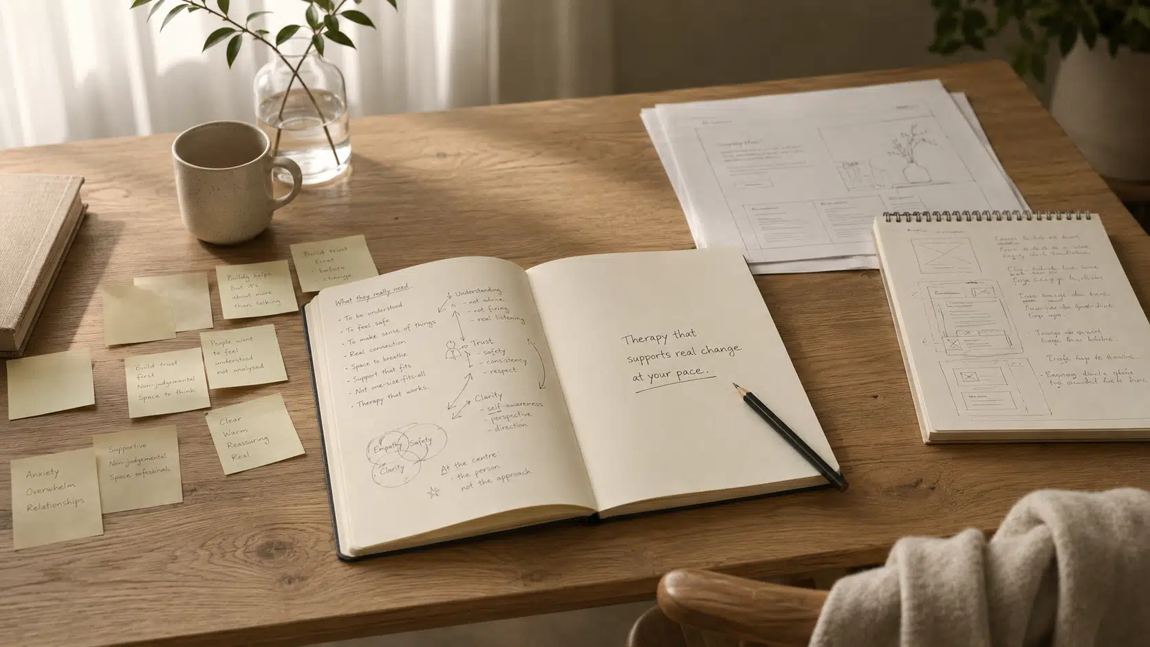 Notebook and notes showing early Practice Clarity planning