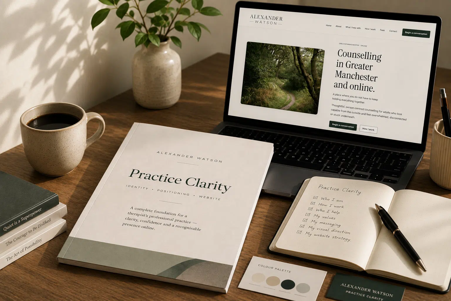 Practice Clarity documents, website layouts and working notes arranged across the studio desk