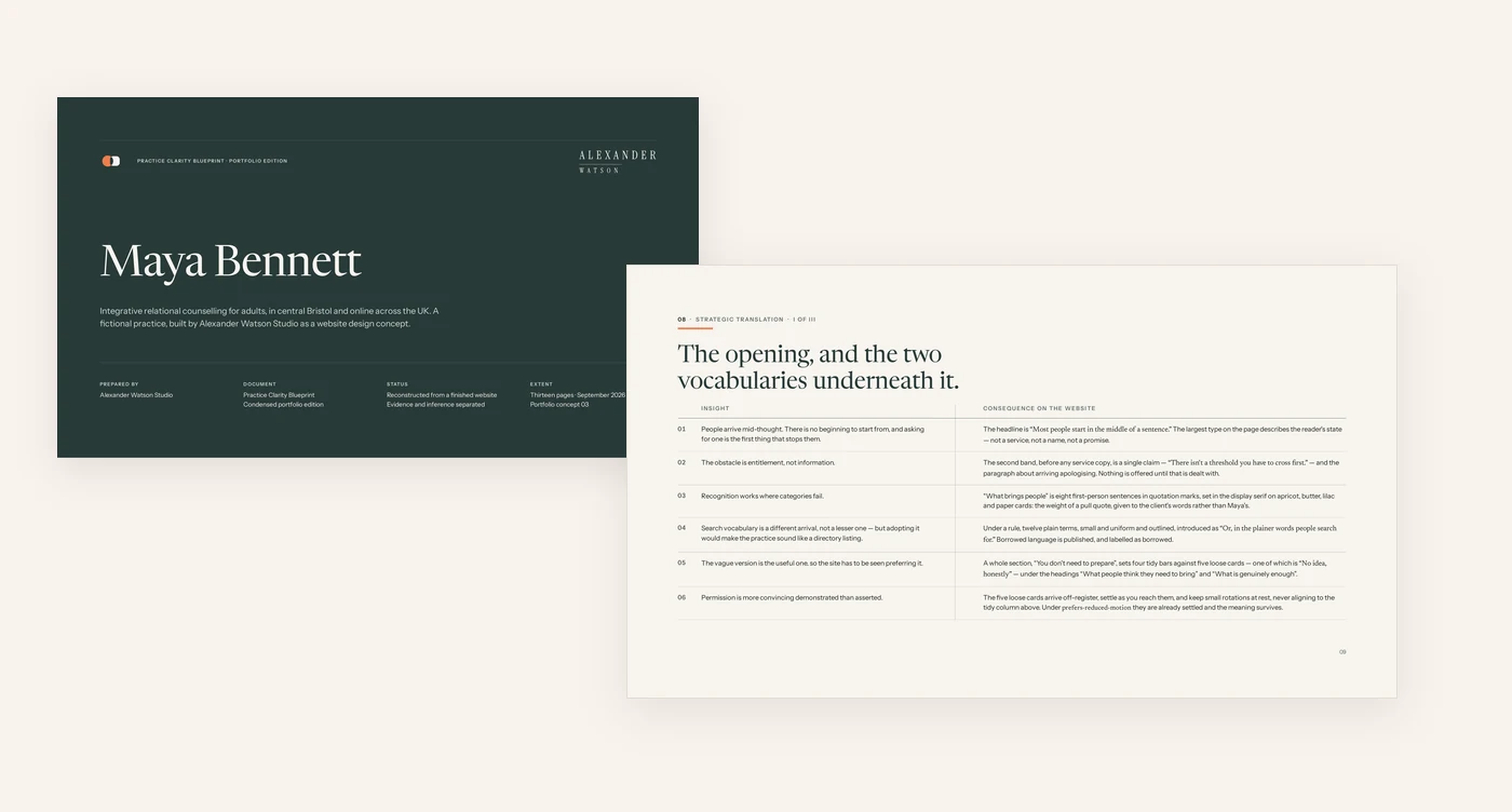 Two pages from the Practice Clarity document: a dark cover reading Maya Bennett, and a page headed The opening, and the two vocabularies underneath it, setting six strategic insights against the website decision each one produced.