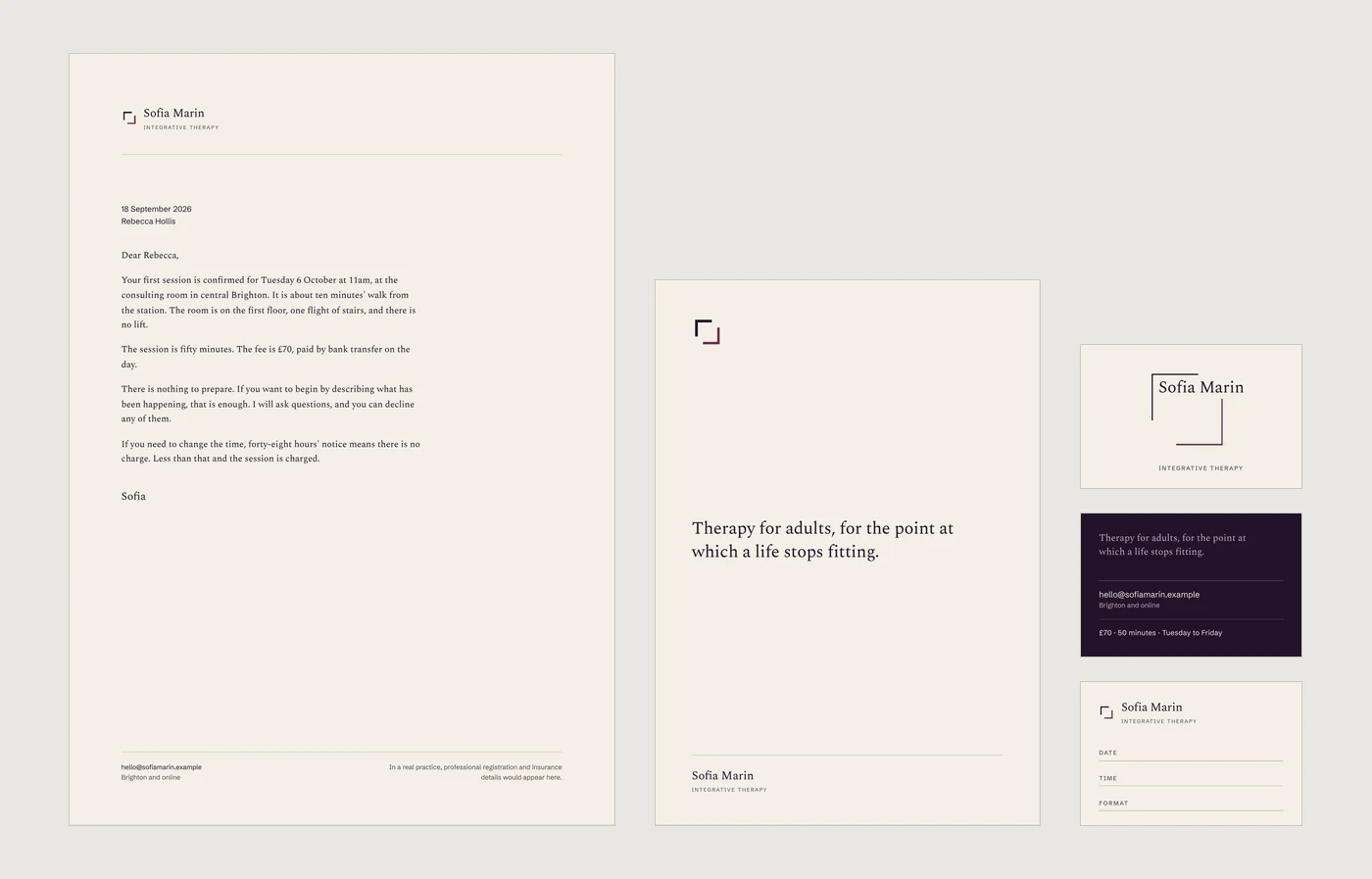 A letterhead, a leaflet cover, and three cards (the front and back of a business card and an appointment card) laid out flat at their true relative sizes.