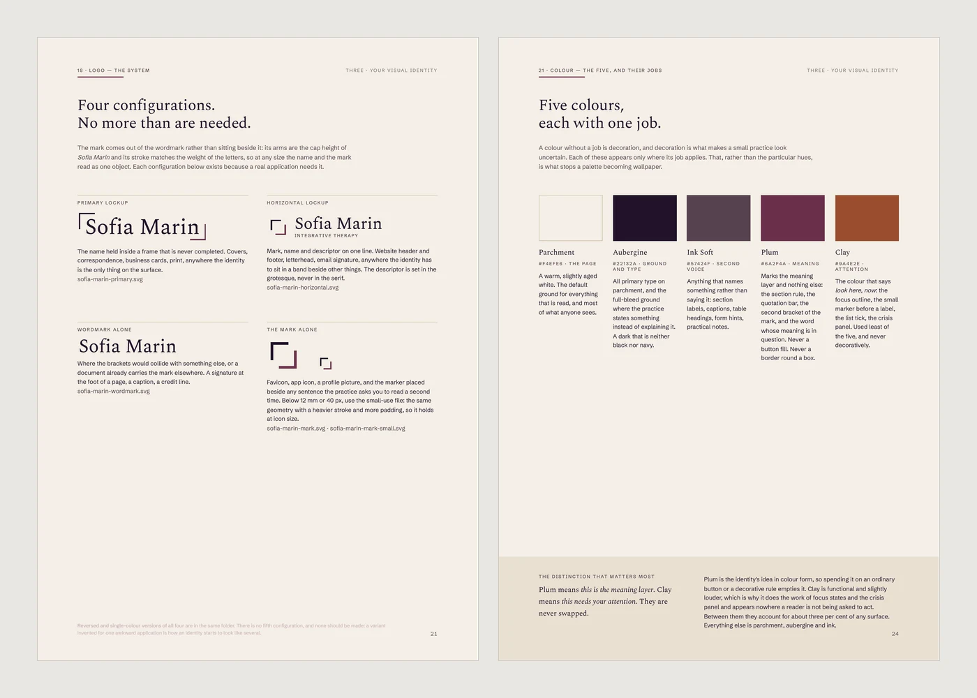 Two further pages. One shows four configurations of the same wordmark; the other shows five colours as swatches, each with its hex value and the one job it does.