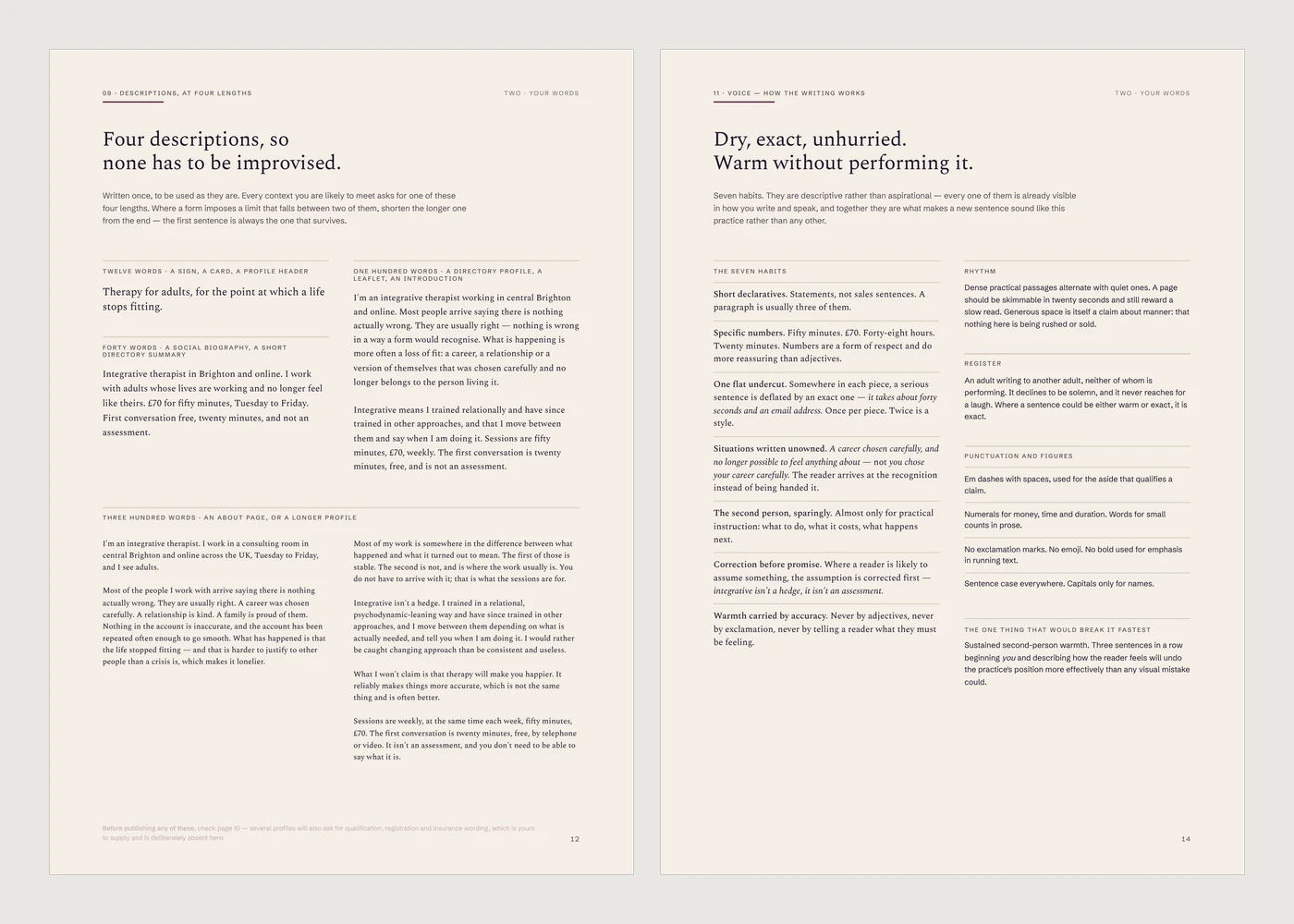 Two pages from a practice identity document. One sets out the practice described at four different lengths; the other sets out the habits of its writing voice.