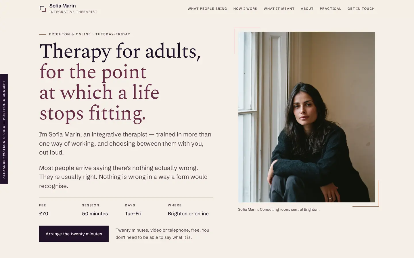 The Sofia Marin homepage: a serif headline reading Therapy for adults, for the point at which a life stops fitting, a portrait beside it, and a row giving the fee, session length, working days and location.